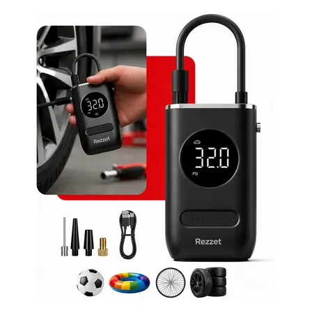 Mini Compressor Digital Portátil para Carro Moto e Bicicleta com Calibrador Digital Inflador Elétrico de Pneus LCD Lanterna LED Compacto e Recarregável Preto Marca Rezzet