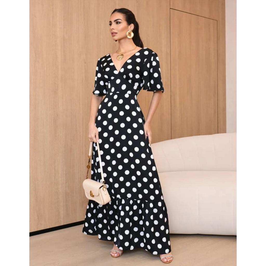 Vestido Feminino Longo Poá Bolinhas Manga Curta Decote V Tendência Blogueira