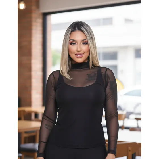 Blusa Tule Feminina Manga Longa Luxo