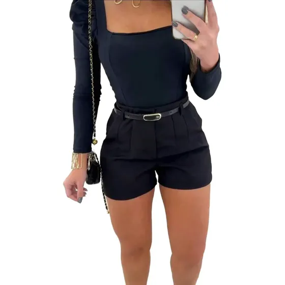 Short Feminino Social Cinto Alfaiataria Cintura Alta Premium