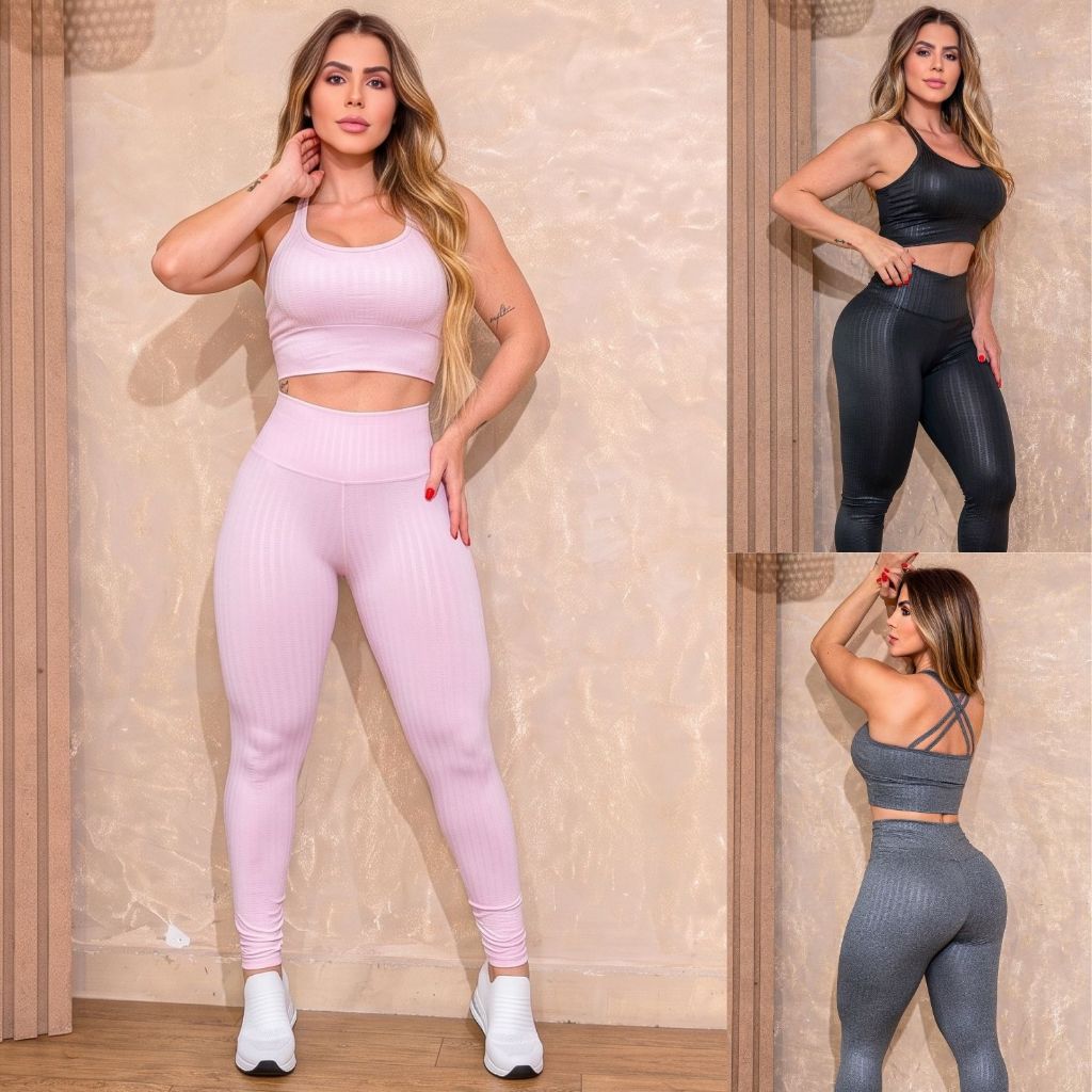 Conjunto Fitness Top Suplex Texturizado Legging Cintura Alta Confort Casual Versátil Academia Oferta