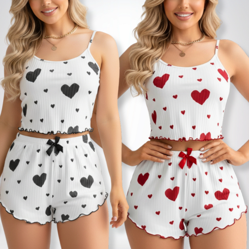 Kit 2 Pijama Feminino Baby Doll Estampa Coração Blusa e Shorts Fresquinho Noites de Verão e Inverno
