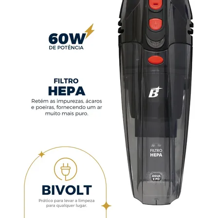 Aspirador De Pó Portátil Bas01 Pó E Água Bivolt 60w Britânia Cinza