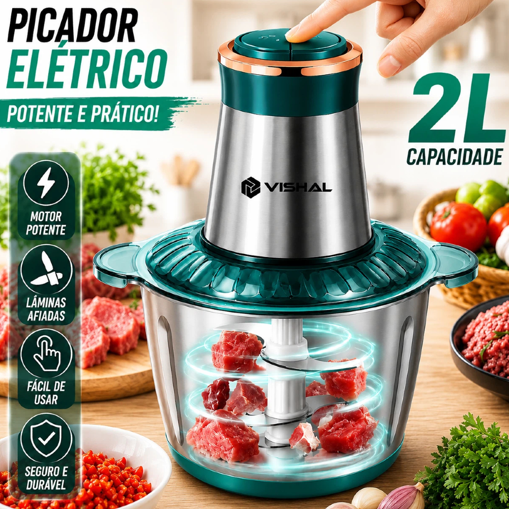 2/3 Litro Triturador De Alimentos Carne e Legumes Elétrico Multiprocessador 2-5 Modos Bivolt Inox Fácil De Limpar
