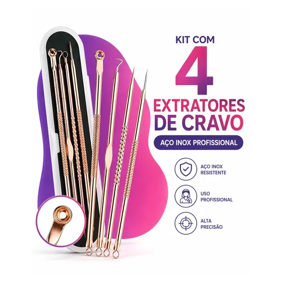 Kit Extrator Cravo Espinha Facial 4 Peças Aço Inox Profissional