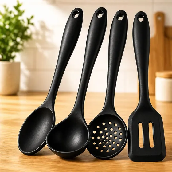 Kit 4 Utensílios Silicone Colher Espátula Concha Escumadeira