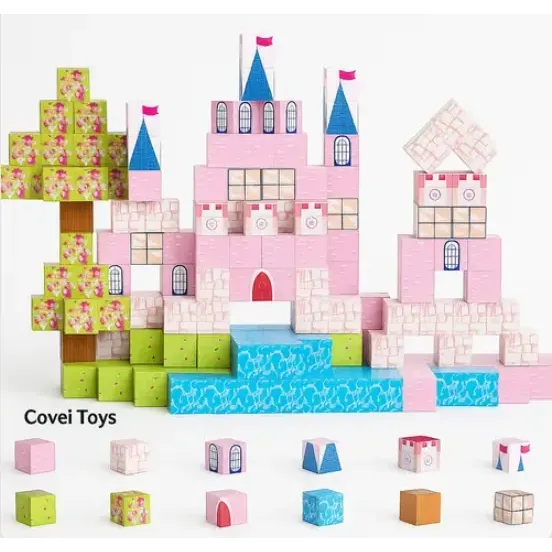 Kit 96 Blocos Magnéticos Construção Imã De Montar Empilhamento Cubo Infantil Brinquedo Educativo Rosa Menina Covei Toys