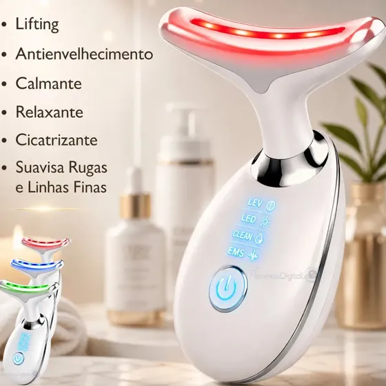 Massageador Facial e Pescoço com LED, Vibração e Fototerapia para Rejuvenescer