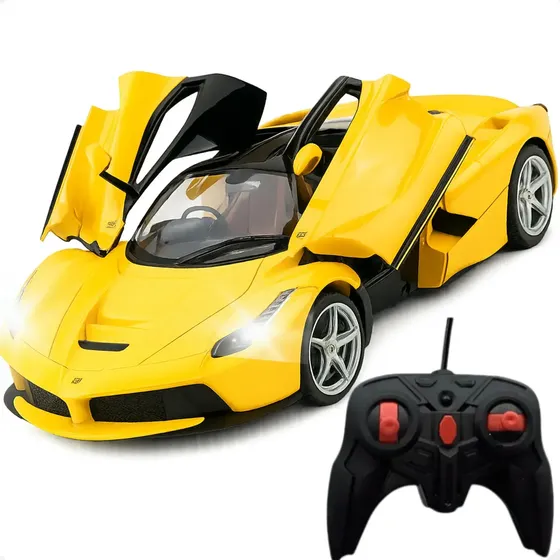 Brinquedo de Menino Carro Ferrari Carrinho Premium de Controle Remoto Amarelo Abre Portas Acende Farol Thevisionaries