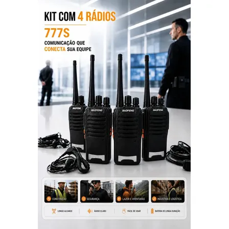 Kit 4 Rádios Comunicadores Walkie Talkie Baofeng 777S Profissional Eventos Radinho walk talk - Com Fone Microfone e Acessórios - Radio Comunicador Segura Longo distancia Com 16 Canais Hardline