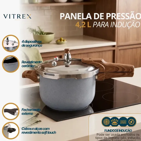 Panela De Pressão Indução 4,2L Revestimento Ceramico Antiaderente Com 4 Valvulas De Segurança Fechamento Externo, Cabos Soft Touch Vitrex Cinza Granito