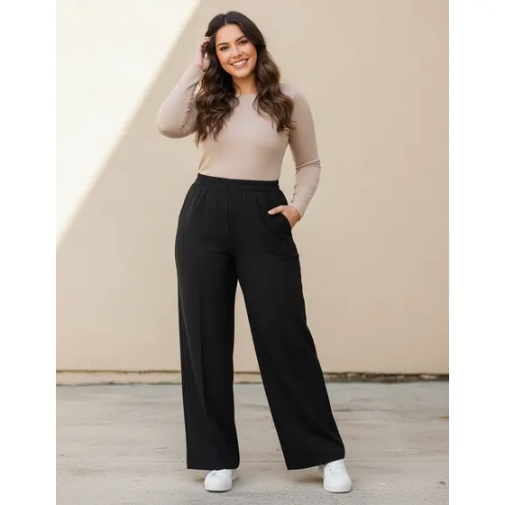 Calca Plus Size Wide Leg Moletom Peluciado Flanelado Inverno