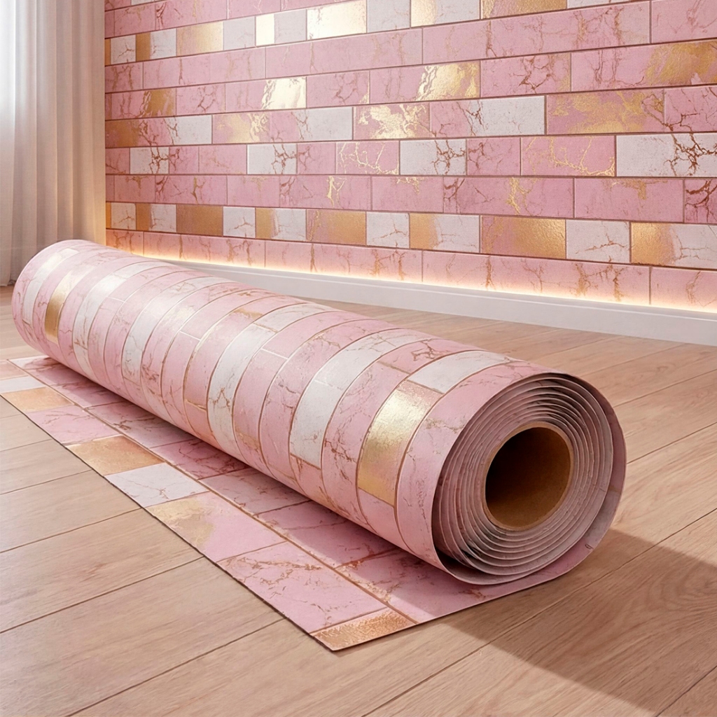 Papel de Parede Adesivo Vinílico Tijolinho Rosa Gold Para Quarto Salão Luxo