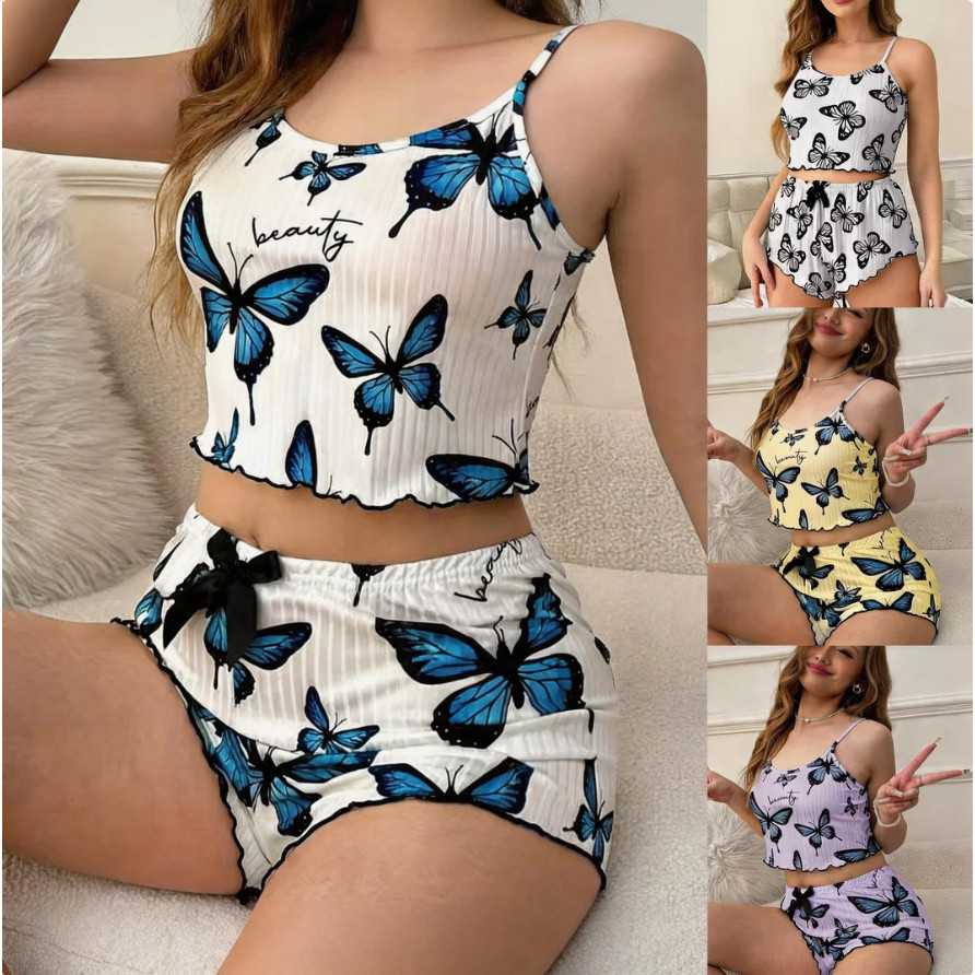 Borboleta senhoras Homewear pode usar fora das senhoras pijamas de verão senhoras pijamas conjunto de 2 peças
