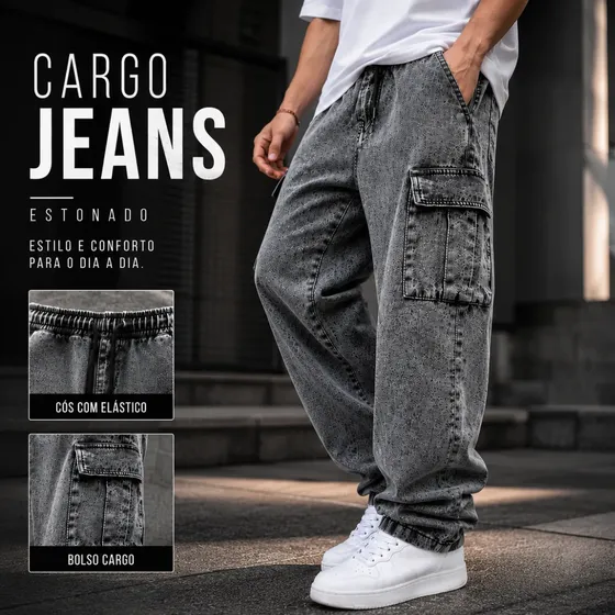 Calça Cargo Jeans Masculina Larga Cós Elástico Streetwear