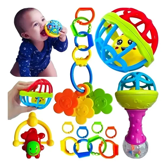 Kit Chocalho Mordedor Sensorial Para Bebê Coloridos 8 Peças Colorido Infantil