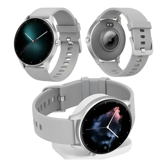 Smartwatch Redondo Mini Tela Amoled 40mm Nfc Gps Caixa Prateado Pulseira Cinza