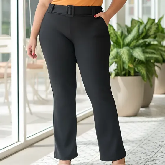 Calça Plus Size Feminina Flare Bailarina Cintura Alta Bolsos