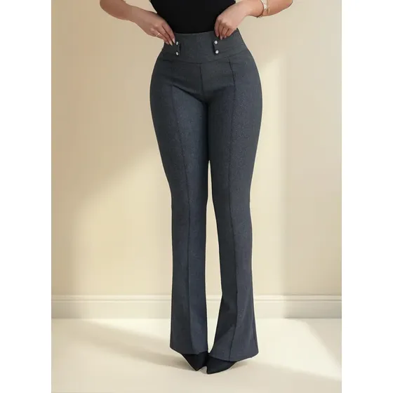 Calça Flare Fler Bailarina Cintura Alta Com Bolso Malha Pop