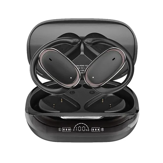Fones De Ouvido Inova Bluetooth 6.0 Esportivo Gancho Open-ear OWS Com display nível bateria LED Chamadas em alta definição e Botão toque inteligente Preto