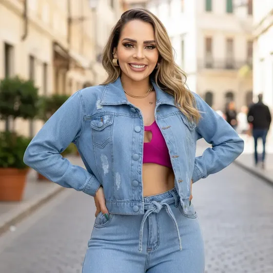 Jaqueta Jeans Feminina Curta Da Moda Botão Encapado