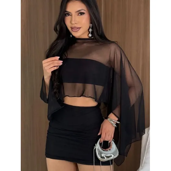 Cropped Feminino Blusa Bata Tule Transparente Com Top Faixa