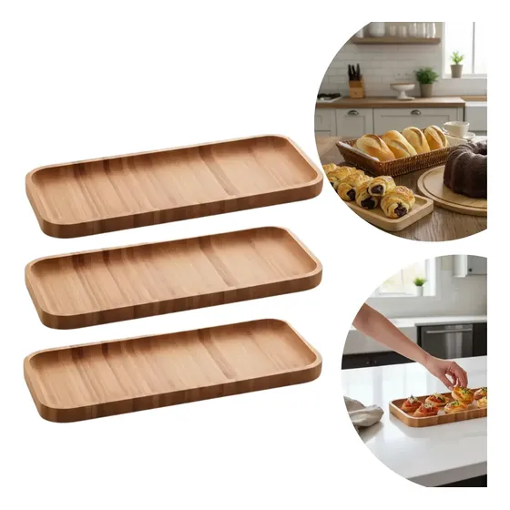Kit 3 Travessas Bandejas Bambu Retangular Cozinha 28x11 Lyor