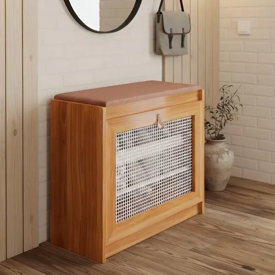 Sapateira Banco Plenitude Com Porta Basculante E Prateleira Cor Nature