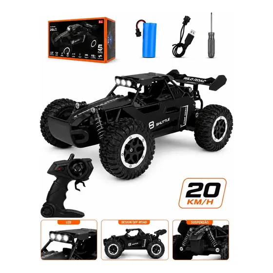Carrinho De Controle Remoto Rc 2.4g Off Road Super Rápido 20km/h Infantil Brinquedo Aluminio Recarregável Kizumba Cor Preto