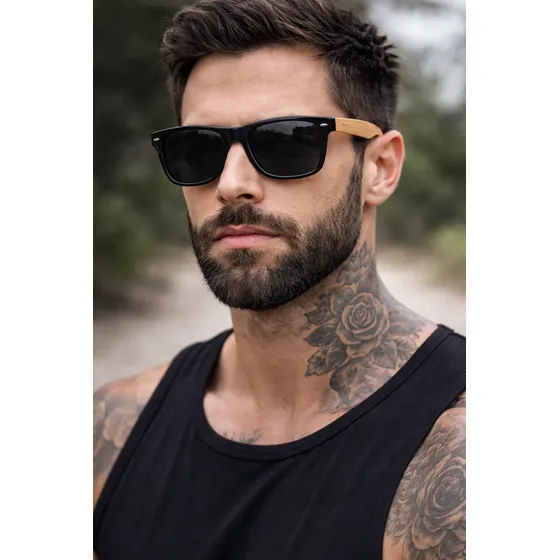 Óculos De Sol Masculino Quadrado Bambu Impresso Madeira Moda