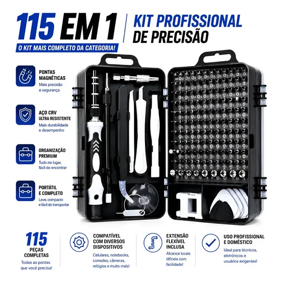 Kit Chave de Precisão Black Raipe 115 em 1, Profissional Magnético de Aço CRV para Celular, Notebook e Games