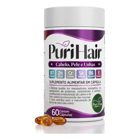 Puri Hair Suplemento Cabelo Pele Unha Crescimento Brilho