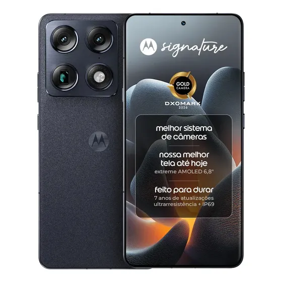 Smartphone Motorola Signature 5G - 512GB 24gb (12gb Ram + 12gb Ram Boost), 3 cameras 50MP Sony Lytia e Zoom 100x, Tela 1.5K extreme Amoled 165hz - Preto (Novo com caixa aberta)
