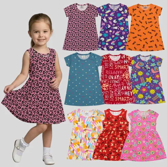 Kit 4 Vestidos Infantil Menina Estampas Sortidas Conforto