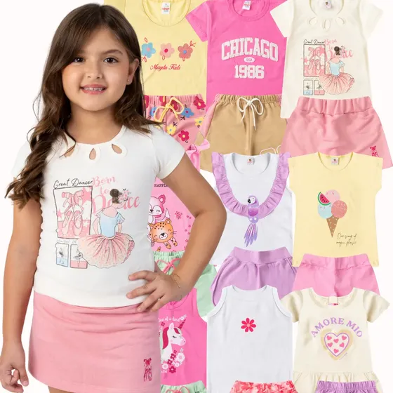 Kit 8 Peças Verão Conjuntos Meninas Shorts Blusa Barato