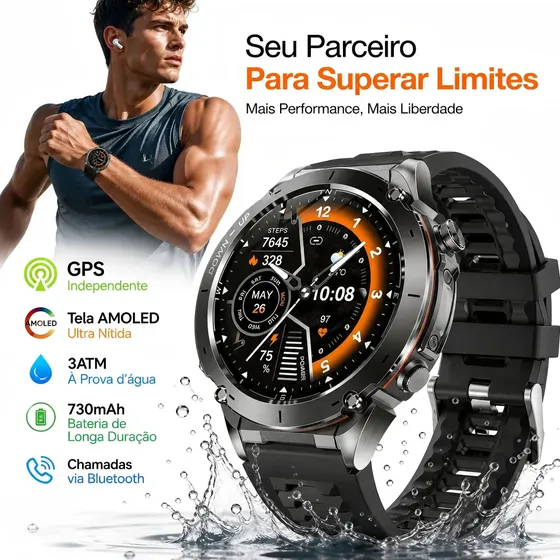 Relógio Smartwatch masculino redondo com GPS independente , 3ATM, tela AMOLED 1.43", bateria 750mAh. Monitora batimento, SPO2 e sono, mais de 100 modos esportivos para corrida ao ar livre