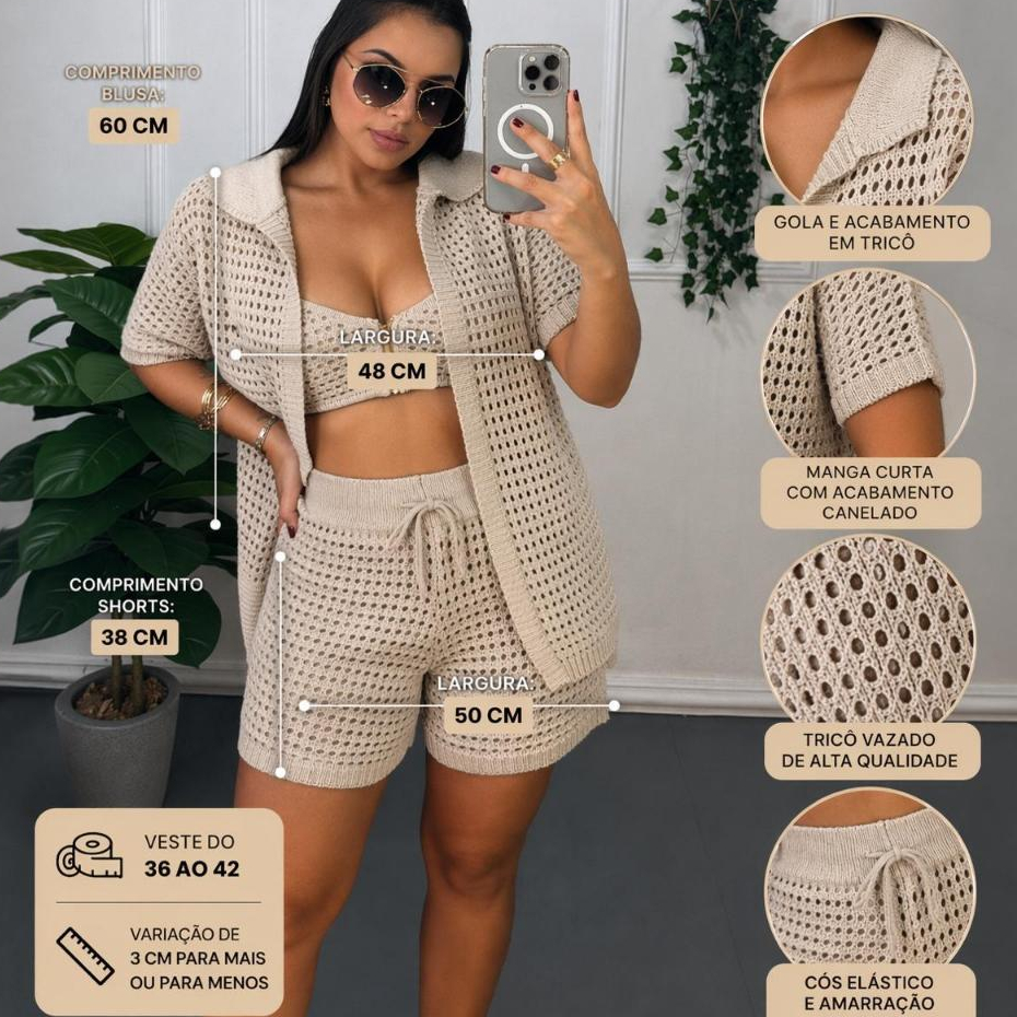 Conjunto Croche Saida de Praia Feminino Shorts e Camisa Polo Aberta Tricot Estilo Elegante duas Peças