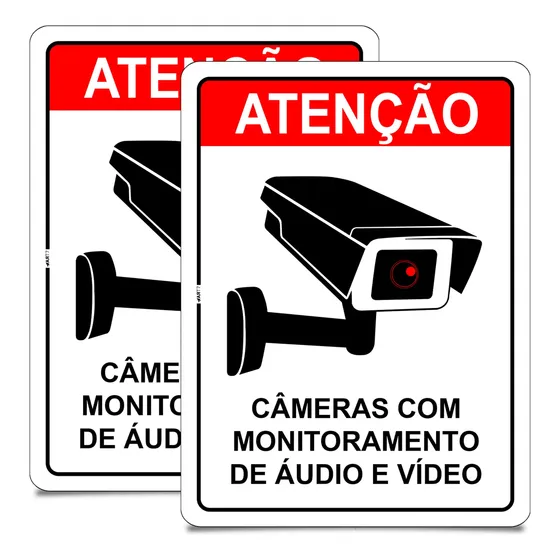 2 Placas Atenção Câmeras Com Monitoramento De Áudio E Vídeo