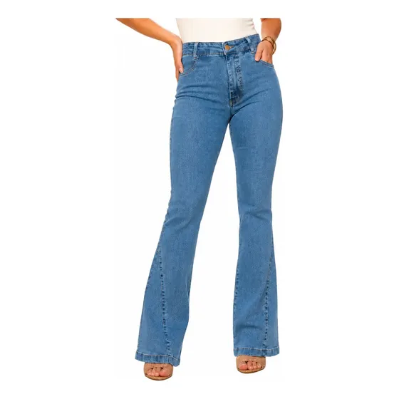 Calça Jeans Feminina Country Flare Cós Alto Com Elastano