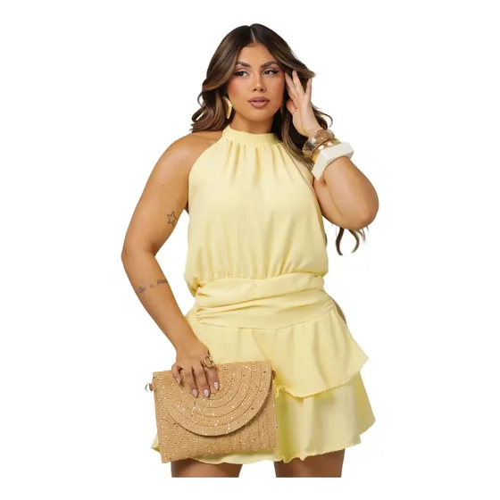 Macaquinho Short-saia Feminino Lastex Nas Costas E Amarração