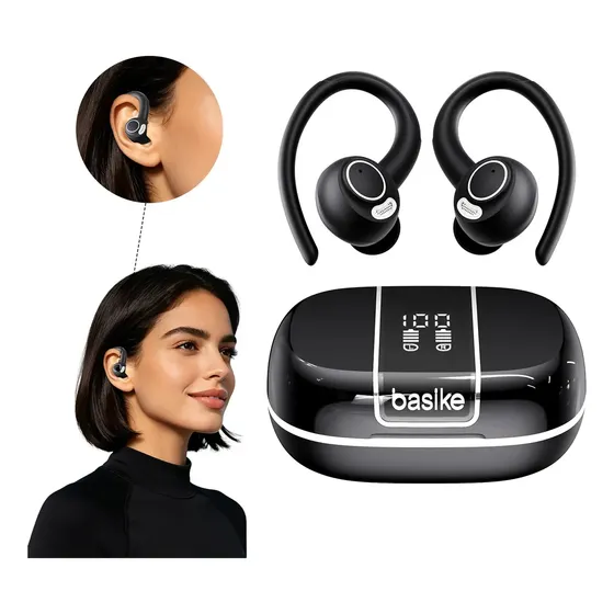 Fone de Ouvido Basike TWS Bluetooth Esportivo para Corrida com Cancelamento de Ruído, Bateria de 35h e Display LED