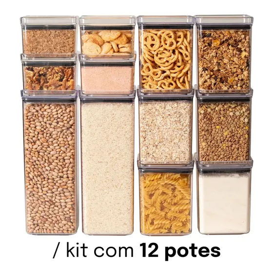 Kit 12 Potes Lumini Hermético Organizador Alimentos Cozinha Empilhável Plástico Transparente Tampa Vedação 2200ml 1000ml 480ml