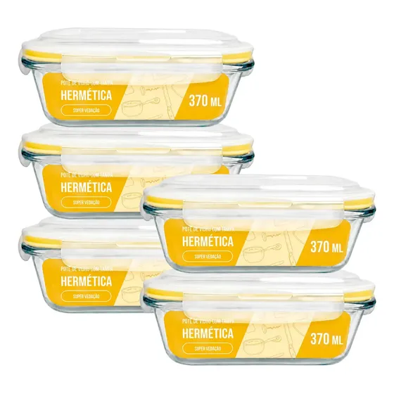 Kit 5 Pote Hermético Marmita 370ml Fitness Cozinha Casa Amarelo