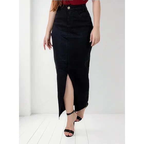 Saia Longa Jeans Preto Moda Evangélica Anagrom Ref.207