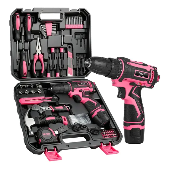 Furadeira Sem Fio 153 Peças Para Casa E Oficina. . Pink And Black