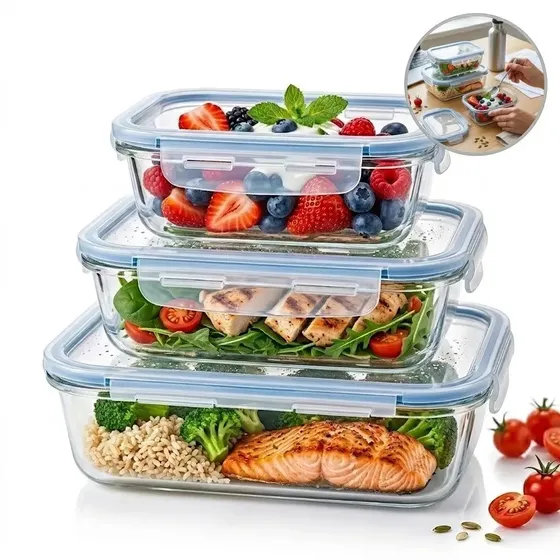 Kit 3 Potes De Vidro Para Freezer E Micro-Ondas Com Tampa Hermética, Retangulares E Reutilizáveis, Ideal Para Marmita, Refeições, Alimentos E Organização Da Cozinha Em Casa