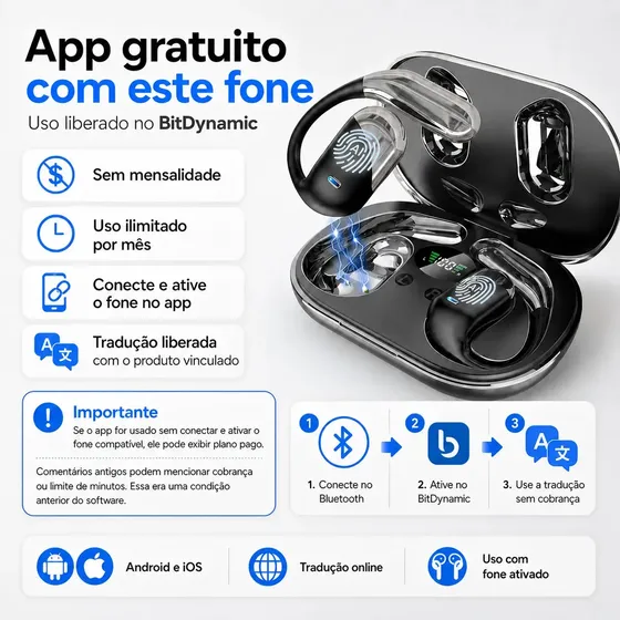 Fone Tradutor Bluetooth Hancdon 144 Idiomas App Gratuito Com Ativação Cinza