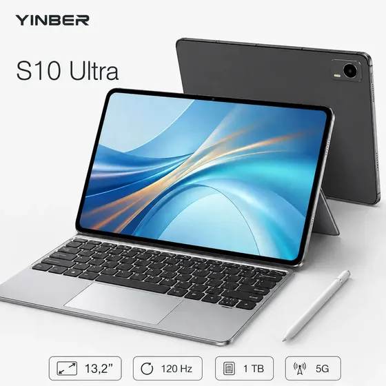 Notebook 2 em 1 Yinber S10 Ultra Tablet Android 16 Tela 13,2” 120Hz 16GB RAM 1024GB 5G Wifi Modo Desktop Teclado Touchpad Caneta 11600mAh