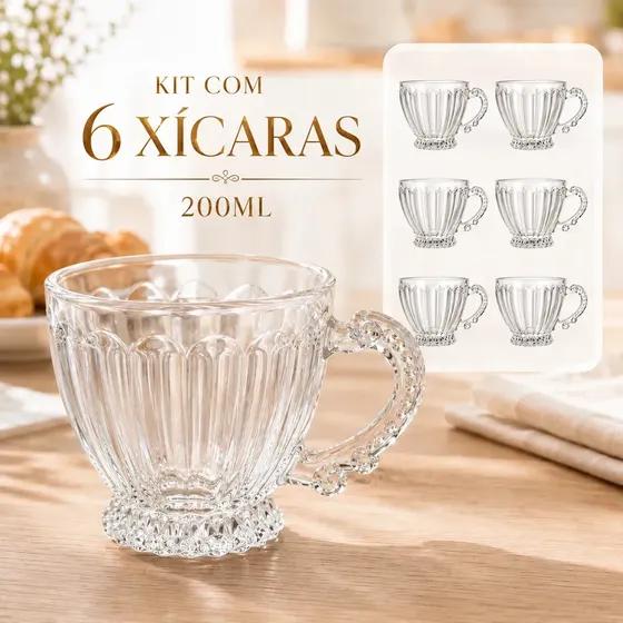 Jogo 6 Xícaras Vidro Alça 200ml Café Cappuccino Chá Kit Conjunto Resistente Presente Elegante Casa Cozinha Mesa Manhã Tarde Copo Transparente Utensílios Bebidas Quentes Sofisticado Moderno Vidraria