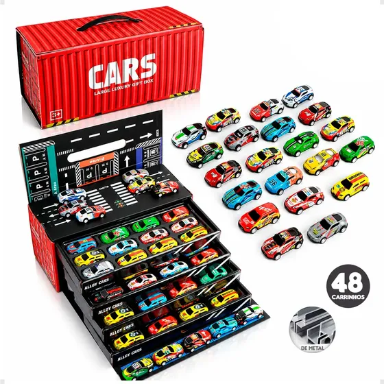 Kit 48 Carrinhos Miniatura Fricção Com Caixa Pista Carrinhos Sortidos Infantil Coleção Brinquedo